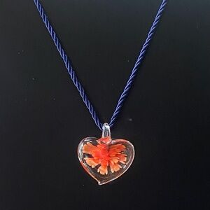 Vintage Hand Crafted Murano Glass Floral Pendant W/ Navy Blue Twisted Cord